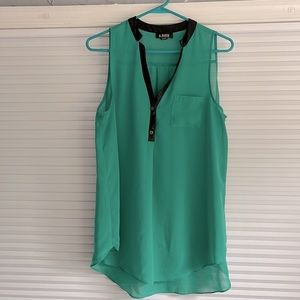 Sheer Teal Tank Top with Black Suede Collar detailing